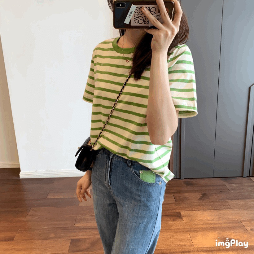 果绿条纹全棉T恤