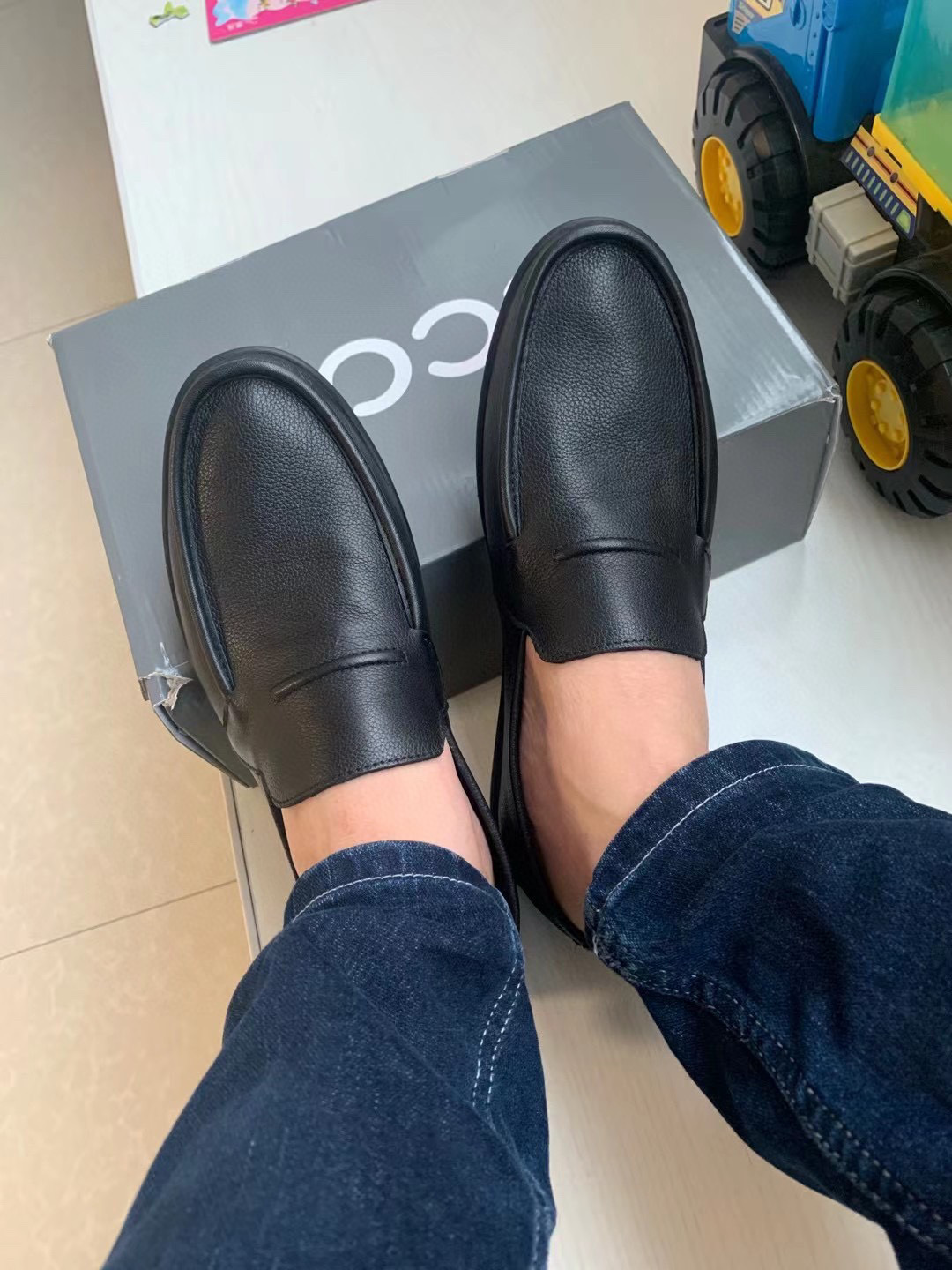 E家爱步夏季头层牛皮男士软底一脚蹬休闲皮鞋