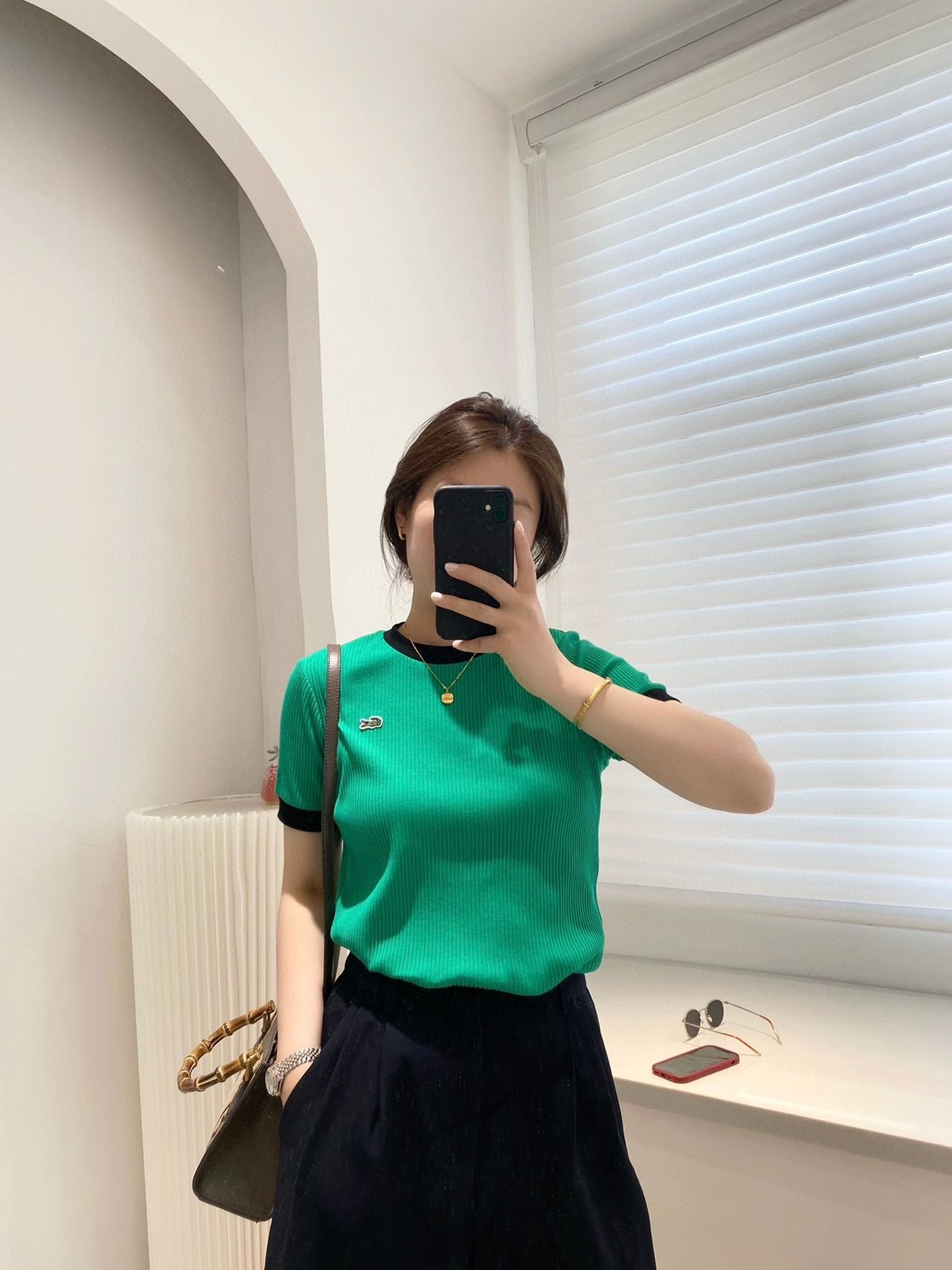 撞色圆领坑条针织短袖T