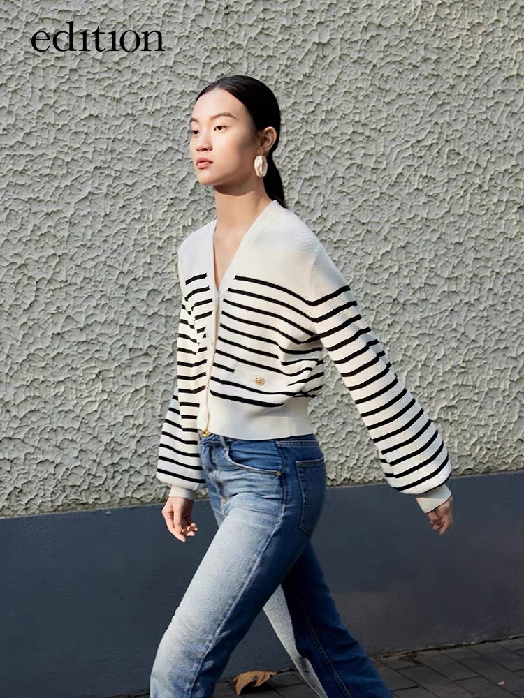 小香风条纹针织毛衣开衫