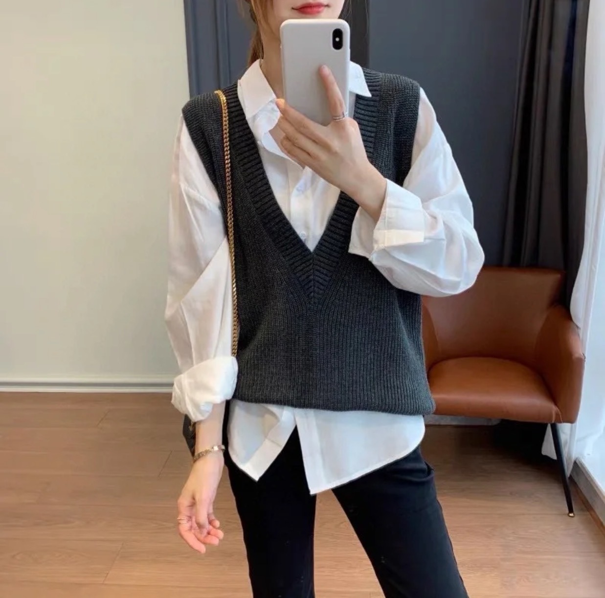 深V领针织羊毛马甲背心