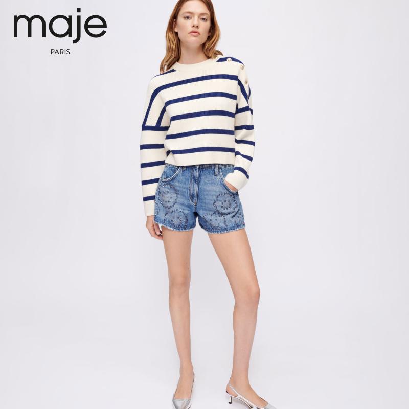 M家法式海军蓝条纹纽扣点缀针织上衣