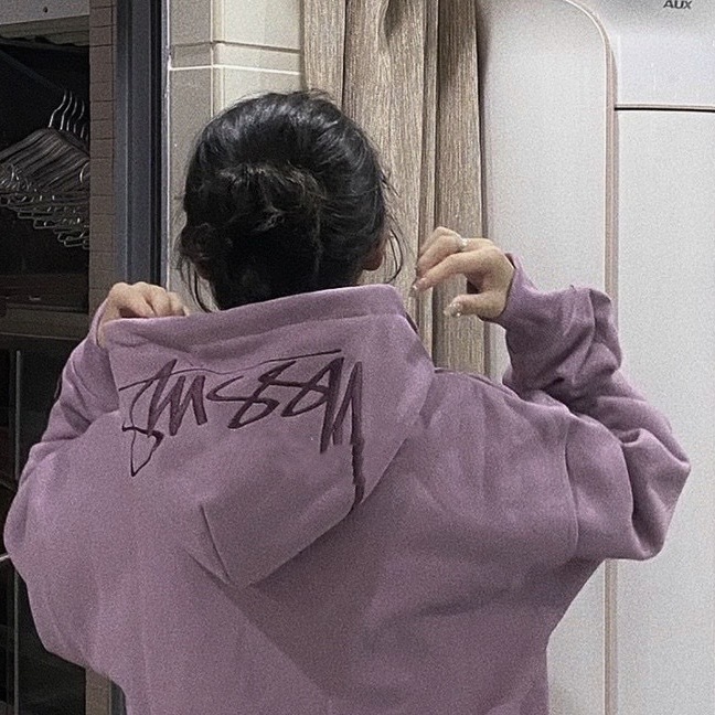 斯图西Stussy同款加绒连帽紫色卫衣